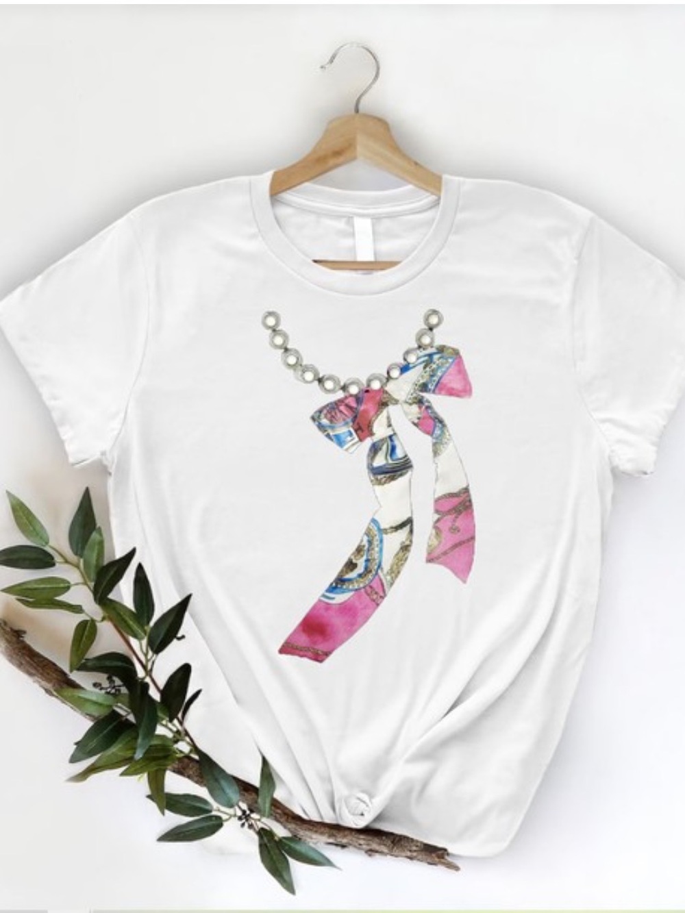 ShopEvelynne White Short Sleeve Tee with Pink Scarf Bow Graphic